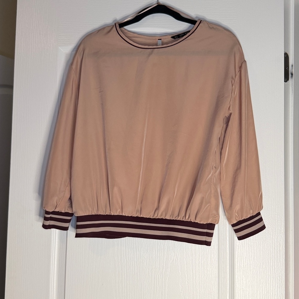 ZARA Basic Blush Pink Satin Blouson Top Burgundy Striped Trim Long Sleeve Size M